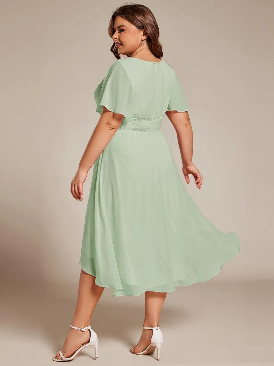 Plus Size Pleated Round Neckline A-Line Midi Chiffon Wedding Guest Dress