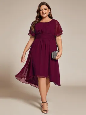 Plus Size Pleated Round Neckline A-Line Midi Chiffon Wedding Guest Dress