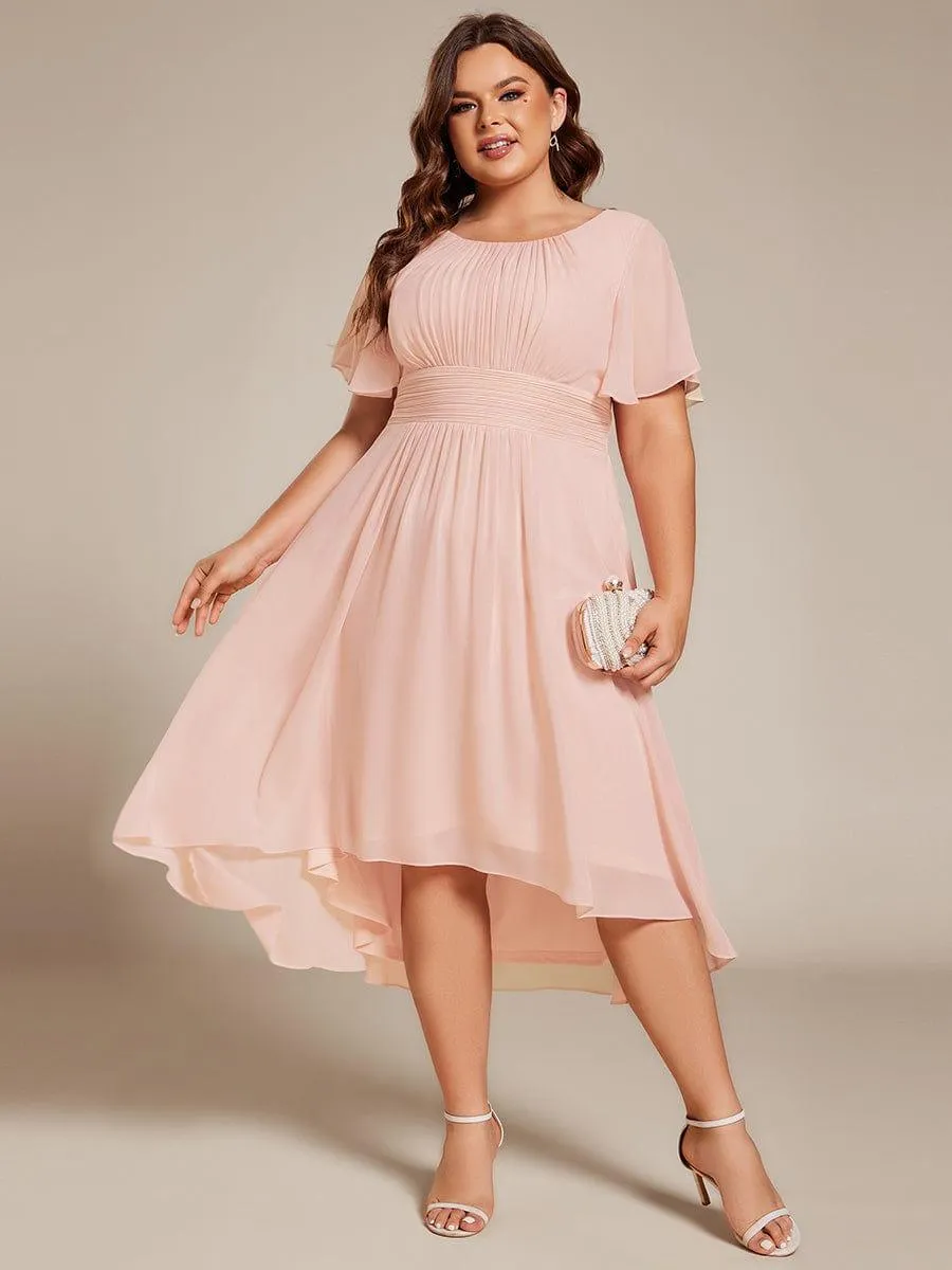 Plus Size Pleated Round Neckline A-Line Midi Chiffon Wedding Guest Dress