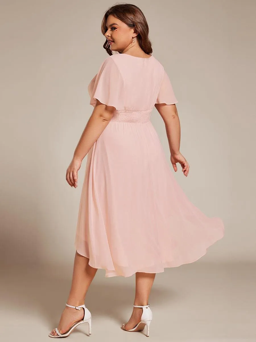 Plus Size Pleated Round Neckline A-Line Midi Chiffon Wedding Guest Dress