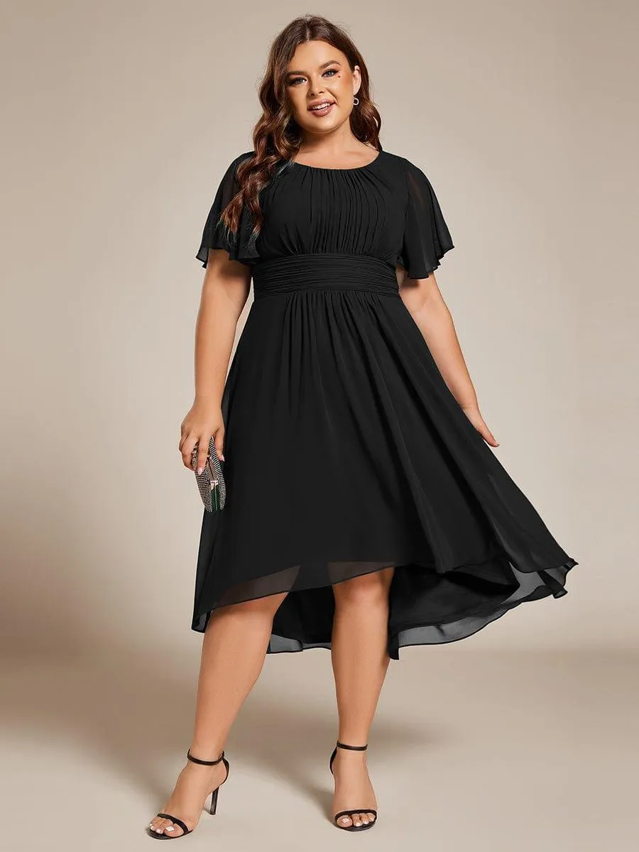 Plus Size Pleated Round Neckline A-Line Midi Chiffon Wedding Guest Dress