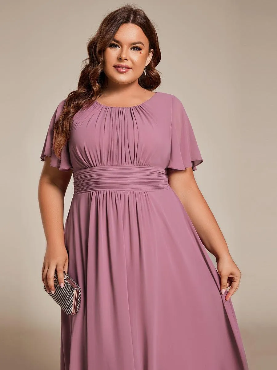 Plus Size Pleated Round Neckline A-Line Midi Chiffon Wedding Guest Dress