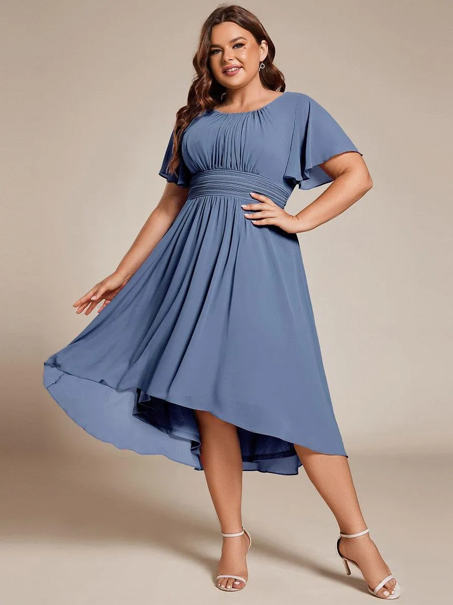 Plus Size Pleated Round Neckline A-Line Midi Chiffon Wedding Guest Dress