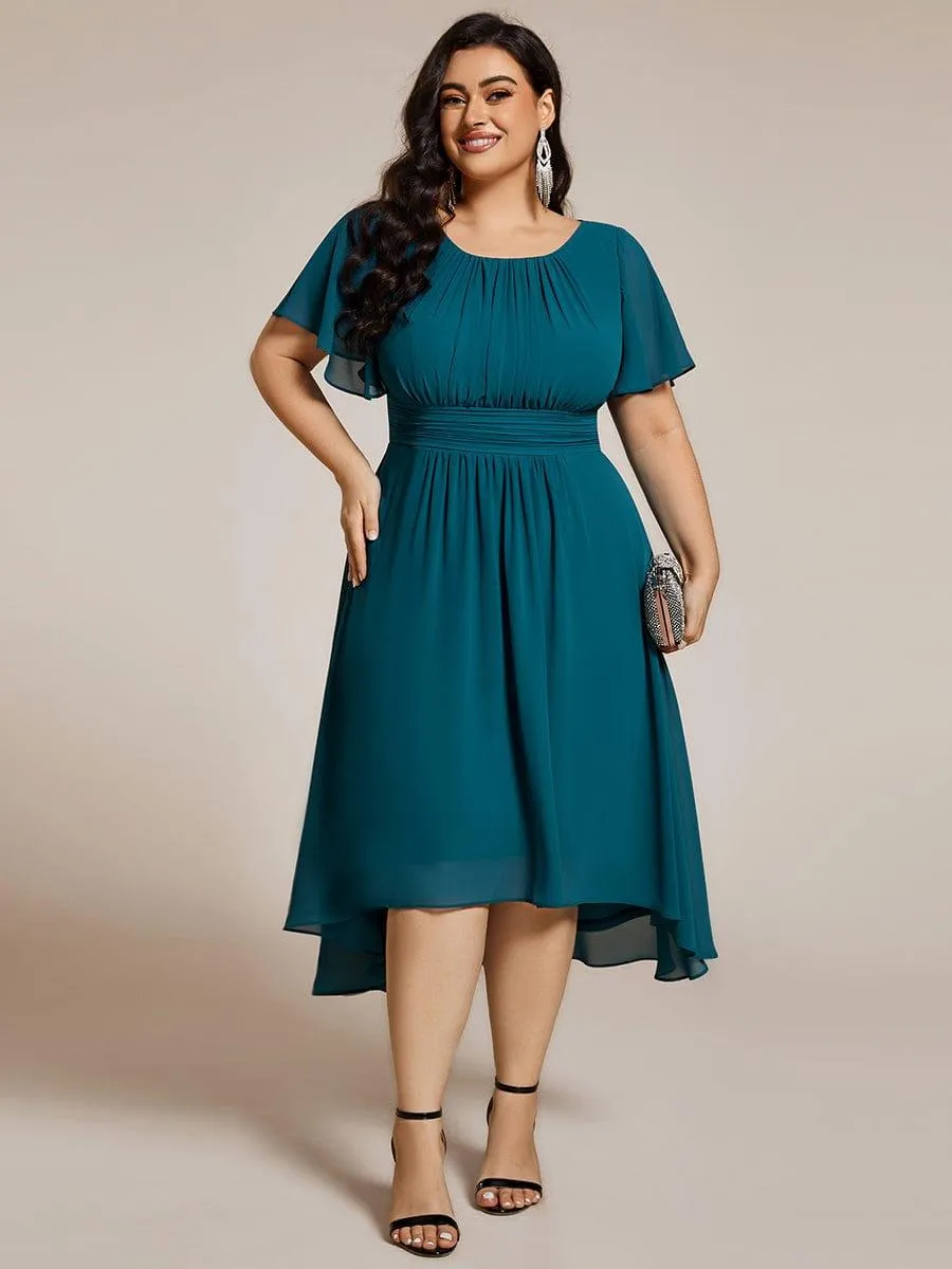 Plus Size Pleated Round Neckline A-Line Midi Chiffon Wedding Guest Dress
