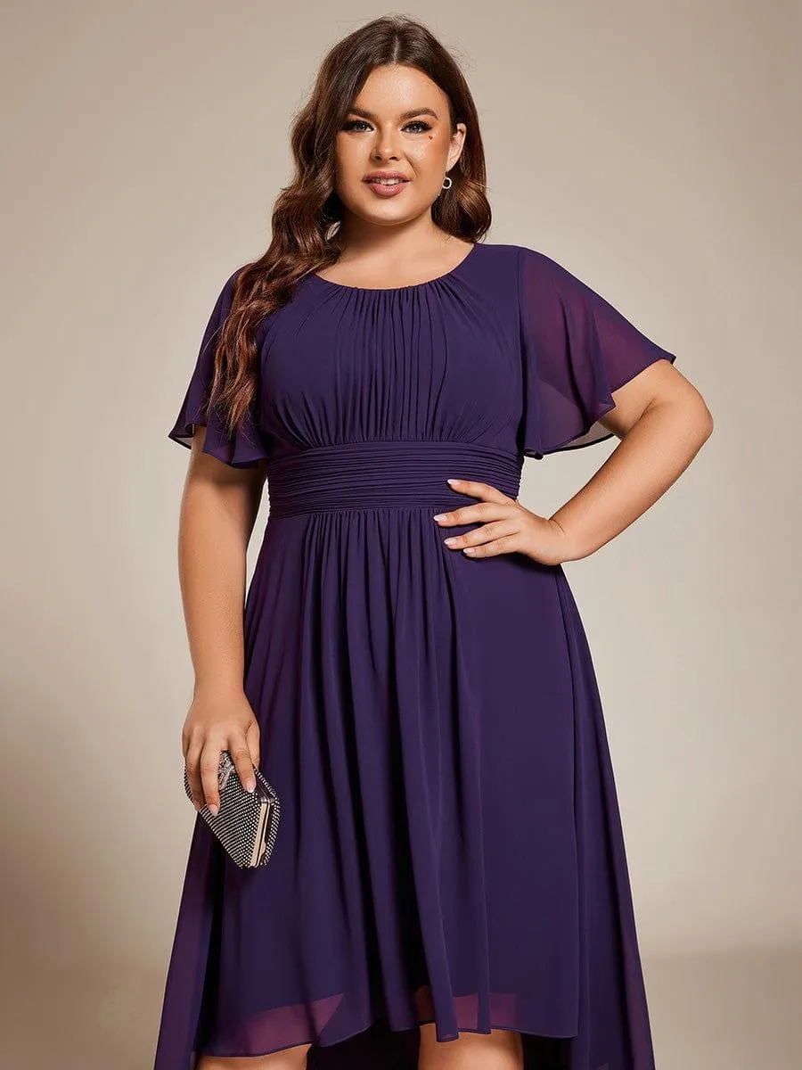 Plus Size Pleated Round Neckline A-Line Midi Chiffon Wedding Guest Dress