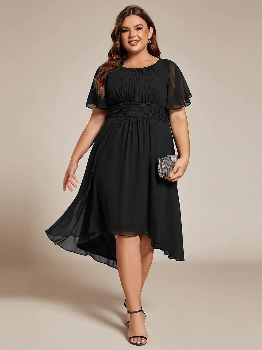 Plus Size Pleated Round Neckline A-Line Midi Chiffon Wedding Guest Dress