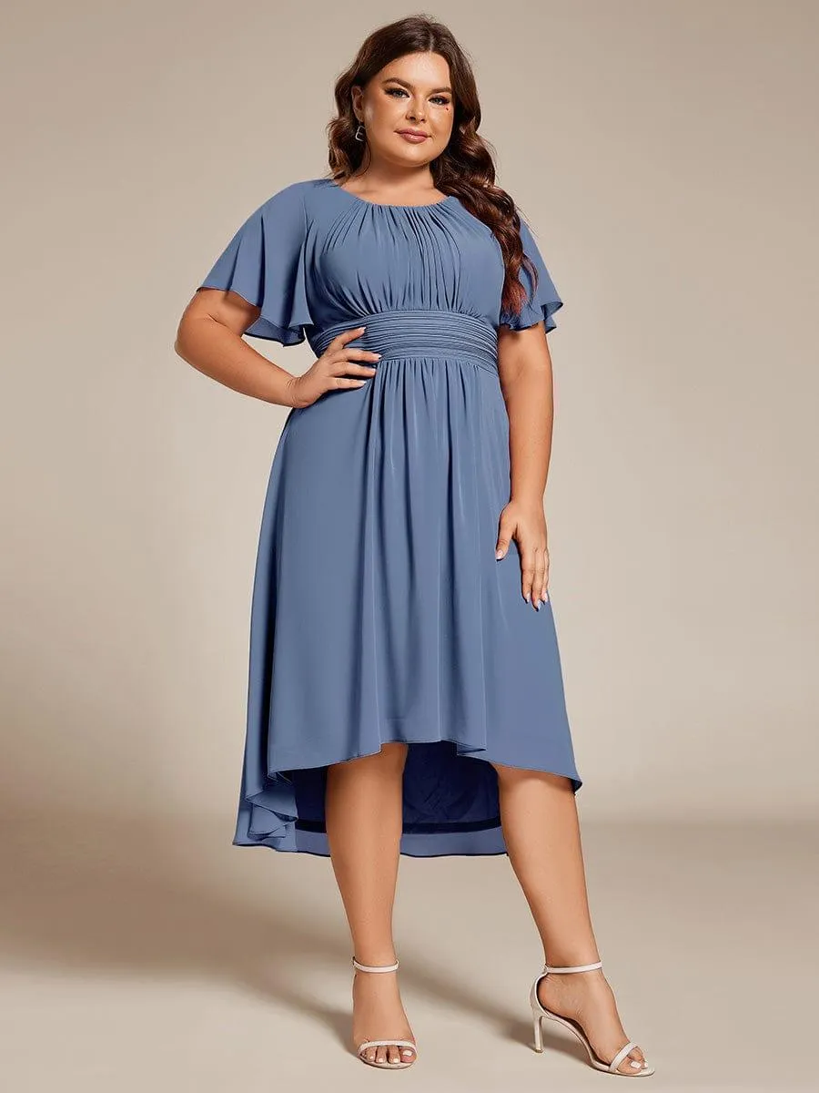 Plus Size Pleated Round Neckline A-Line Midi Chiffon Wedding Guest Dress