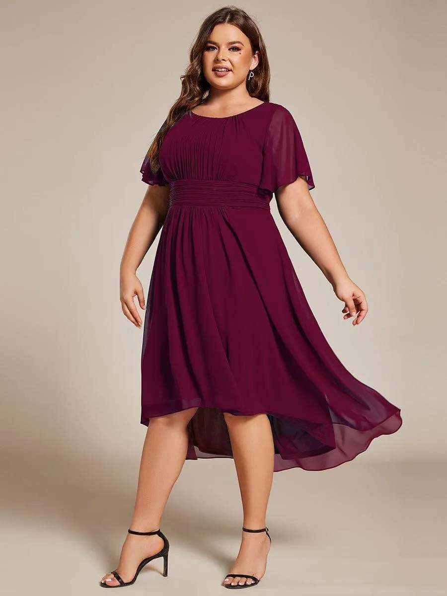 Plus Size Pleated Round Neckline A-Line Midi Chiffon Wedding Guest Dress