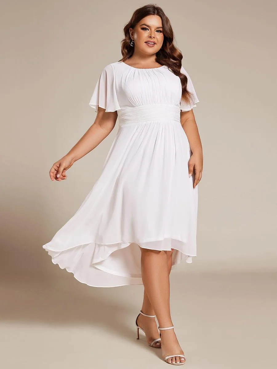 Plus Size Pleated Round Neckline A-Line Midi Chiffon Wedding Guest Dress