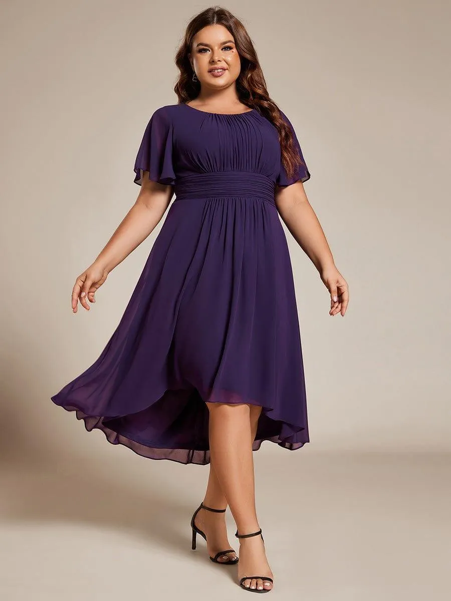 Plus Size Pleated Round Neckline A-Line Midi Chiffon Wedding Guest Dress