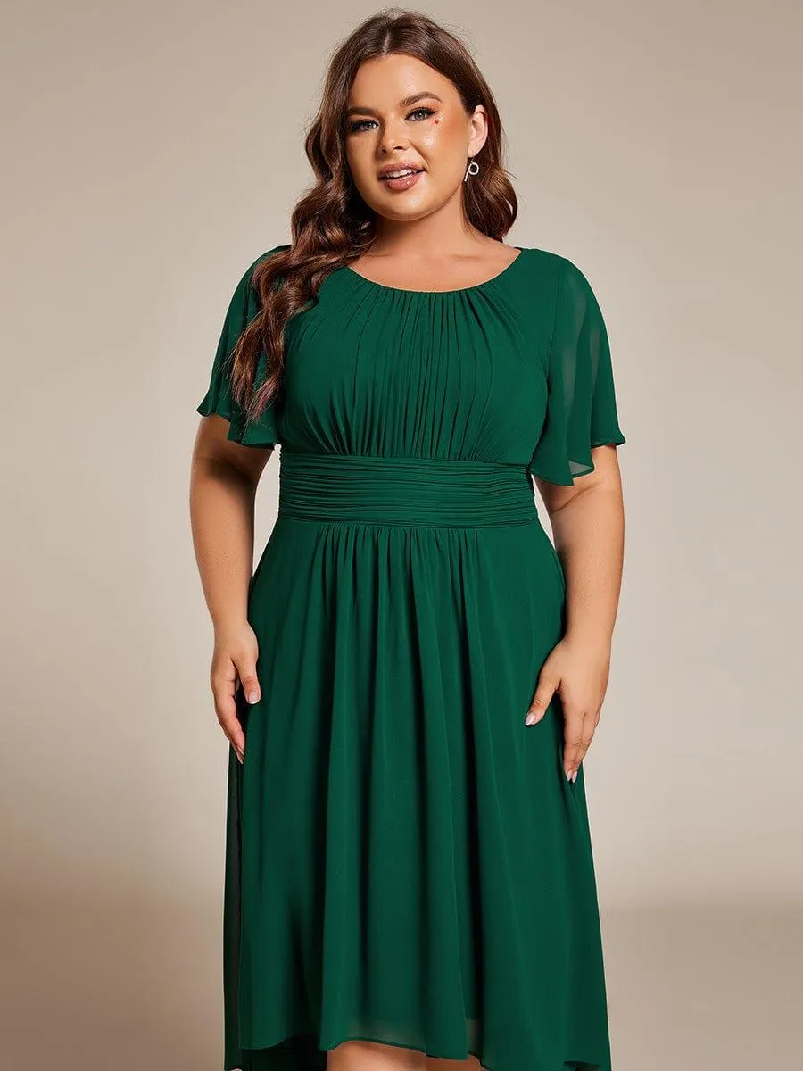 Plus Size Pleated Round Neckline A-Line Midi Chiffon Wedding Guest Dress