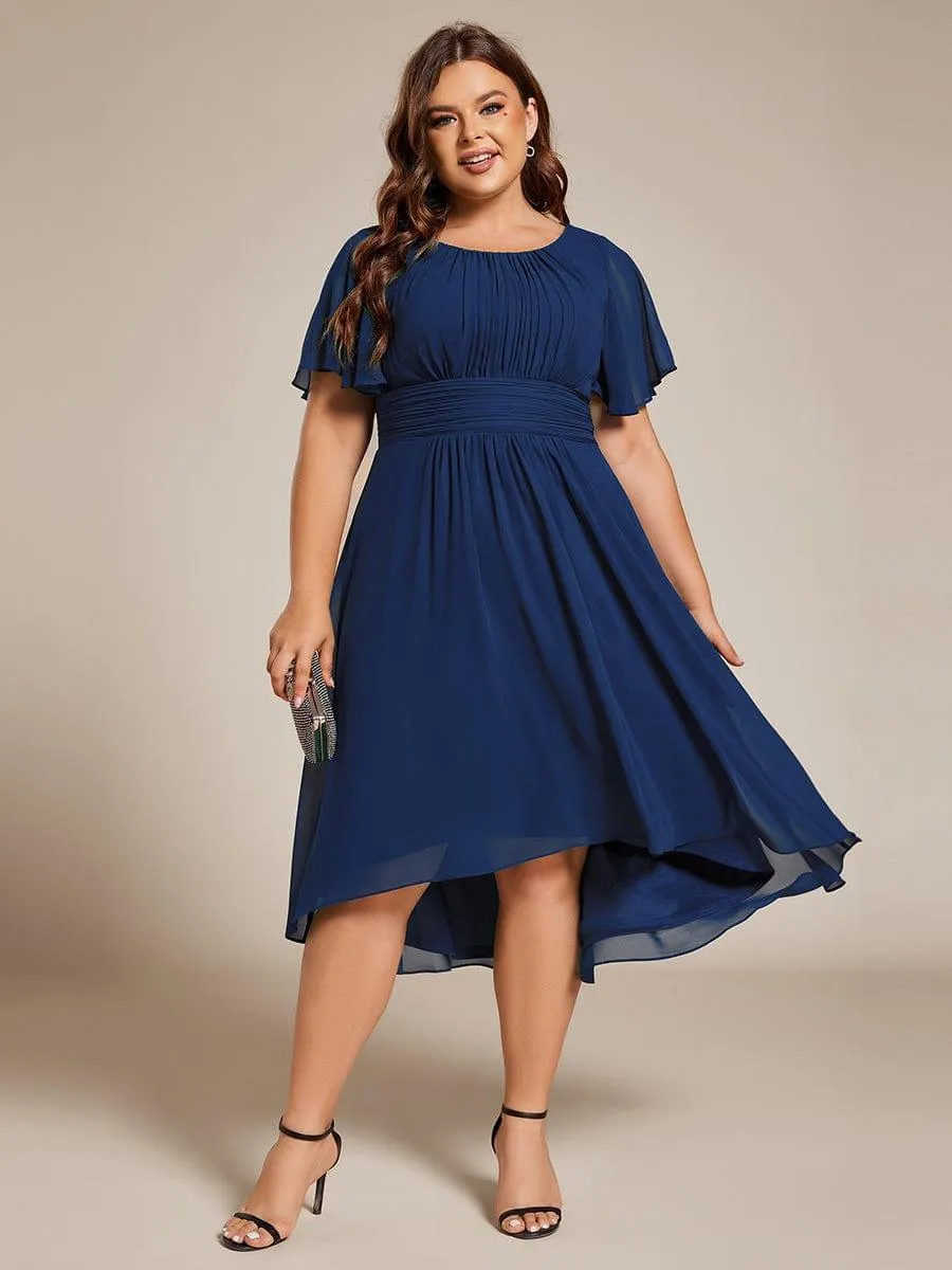 Plus Size Pleated Round Neckline A-Line Midi Chiffon Wedding Guest Dress