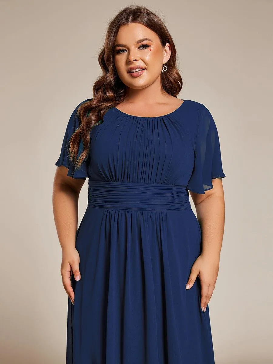 Plus Size Pleated Round Neckline A-Line Midi Chiffon Wedding Guest Dress