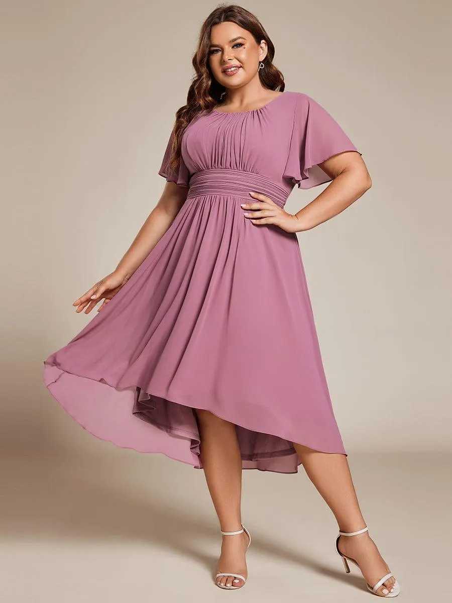 Plus Size Pleated Round Neckline A-Line Midi Chiffon Wedding Guest Dress