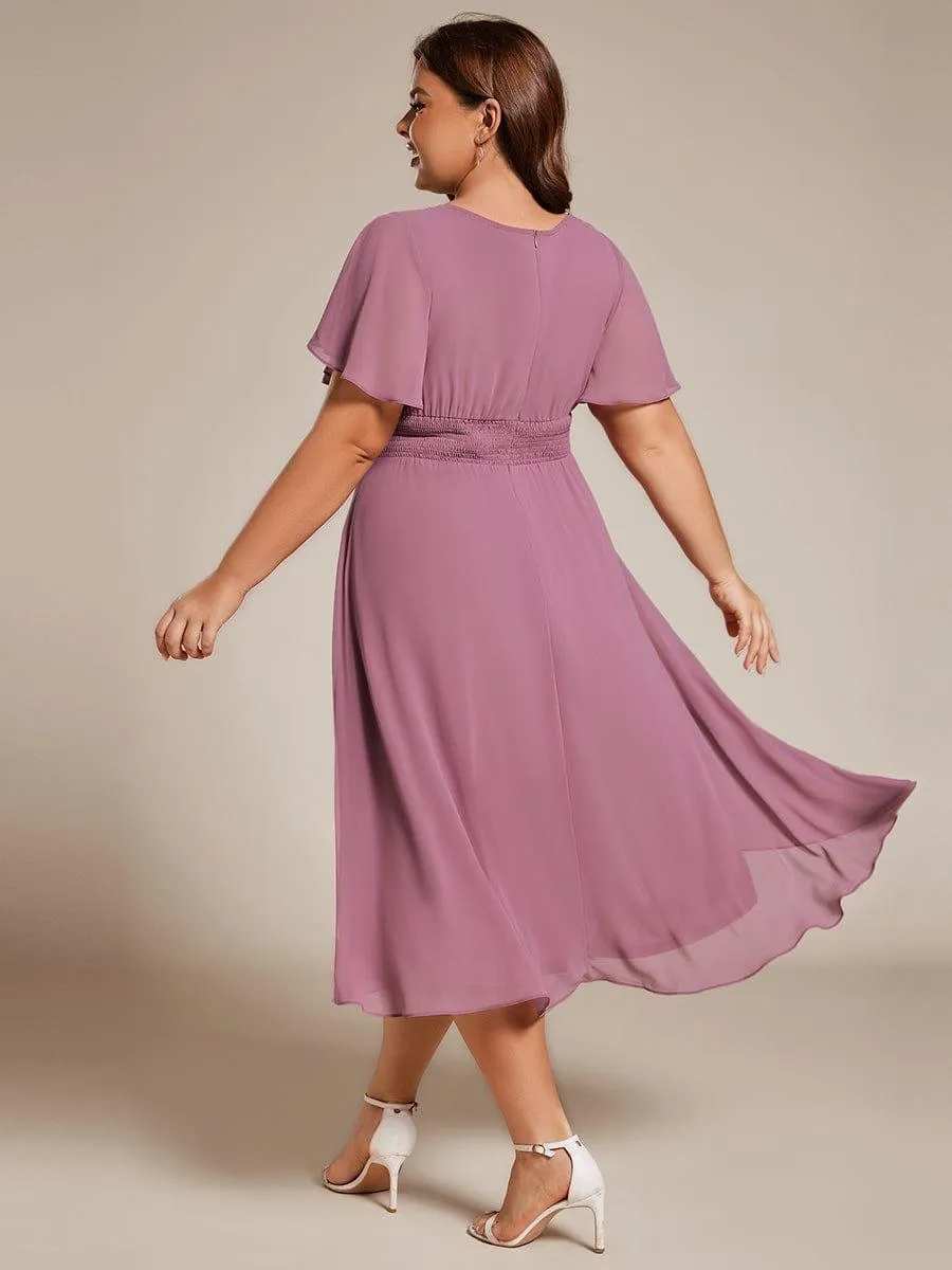 Plus Size Pleated Round Neckline A-Line Midi Chiffon Wedding Guest Dress