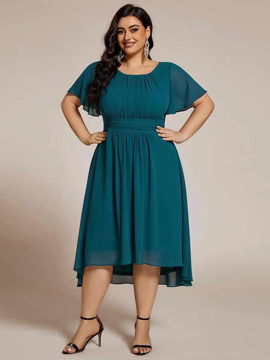 Plus Size Pleated Round Neckline A-Line Midi Chiffon Wedding Guest Dress