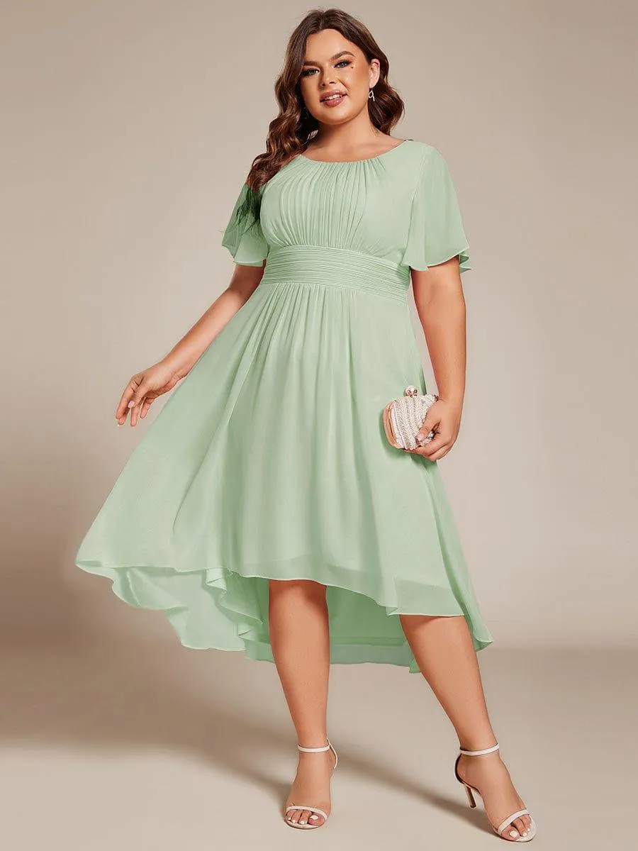 Plus Size Pleated Round Neckline A-Line Midi Chiffon Wedding Guest Dress