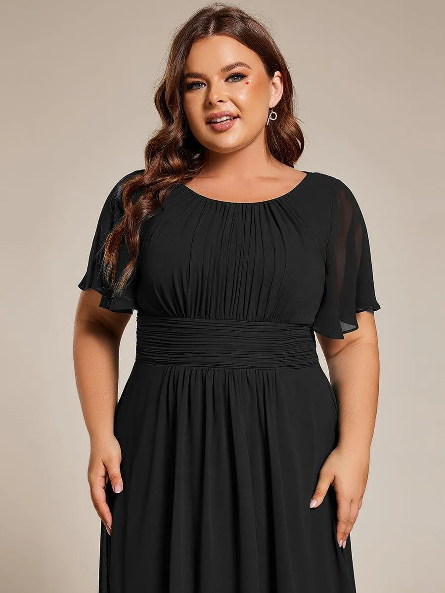 Plus Size Pleated Round Neckline A-Line Midi Chiffon Wedding Guest Dress