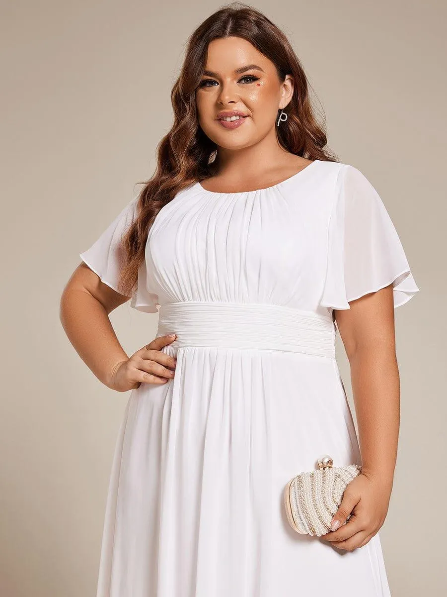Plus Size Pleated Round Neckline A-Line Midi Chiffon Wedding Guest Dress