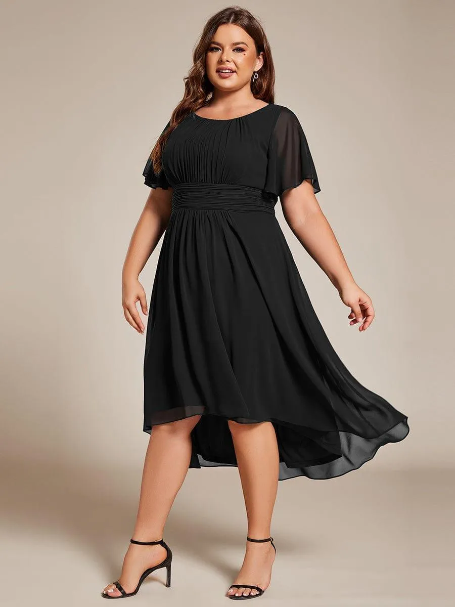 Plus Size Pleated Round Neckline A-Line Midi Chiffon Wedding Guest Dress