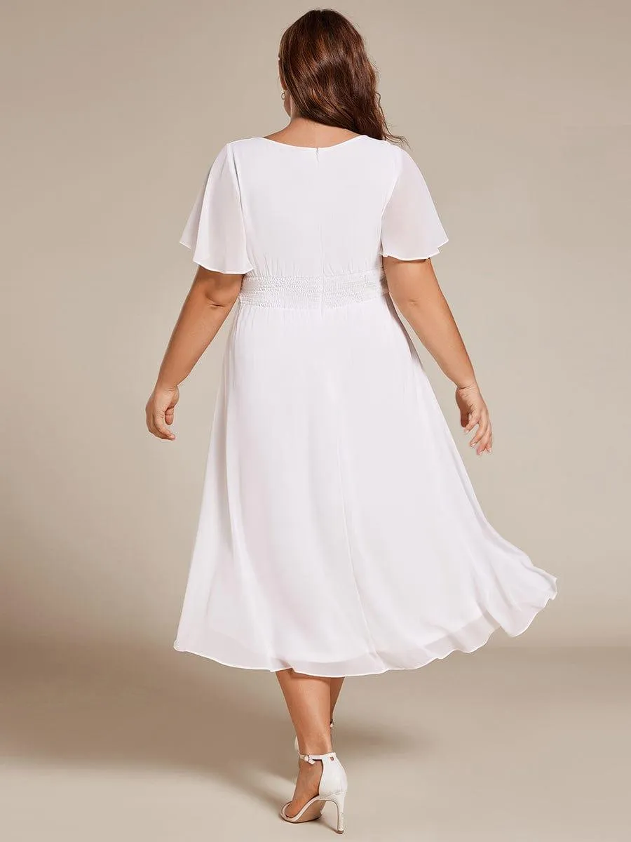 Plus Size Pleated Round Neckline A-Line Midi Chiffon Wedding Guest Dress
