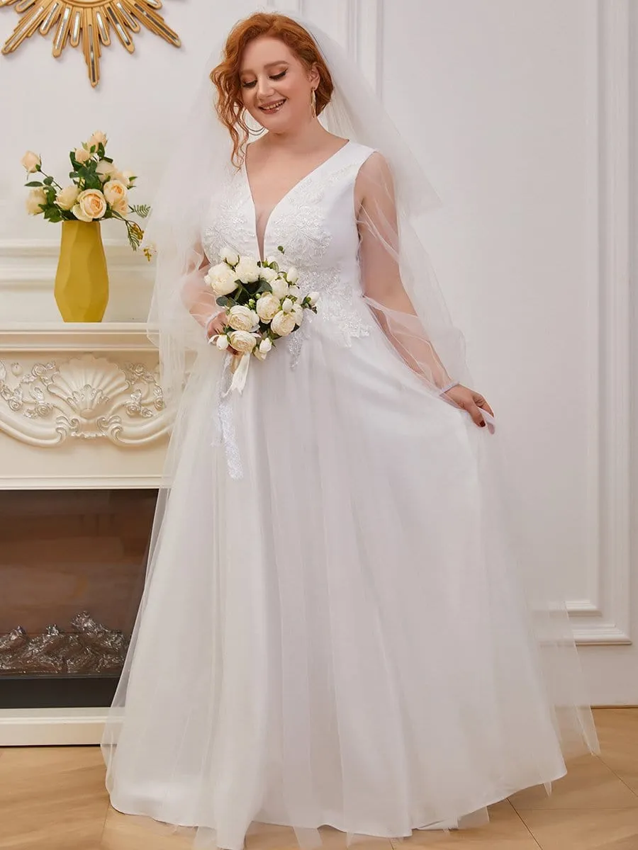 Plus-Size Sheer Sleeve Beaded Long Wedding Dress