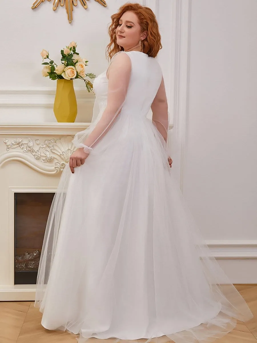 Plus-Size Sheer Sleeve Beaded Long Wedding Dress
