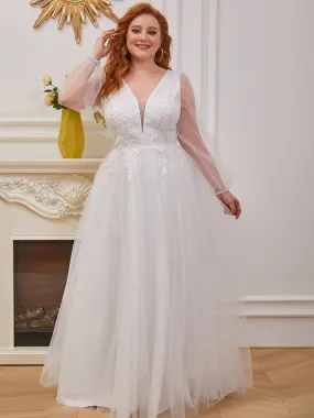 Plus-Size Sheer Sleeve Beaded Long Wedding Dress
