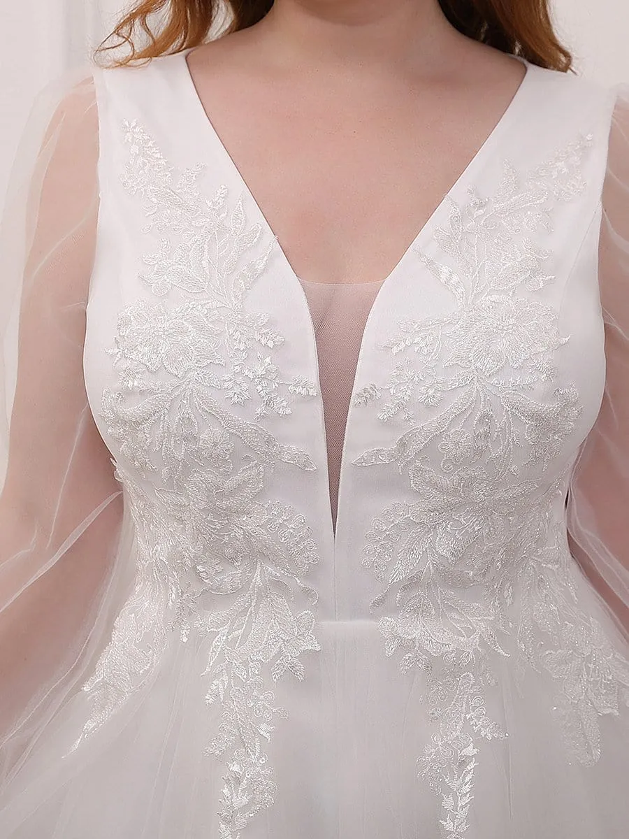 Plus-Size Sheer Sleeve Beaded Long Wedding Dress