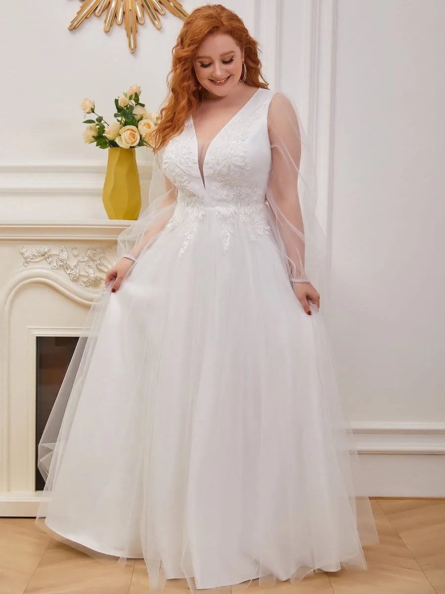 Plus-Size Sheer Sleeve Beaded Long Wedding Dress