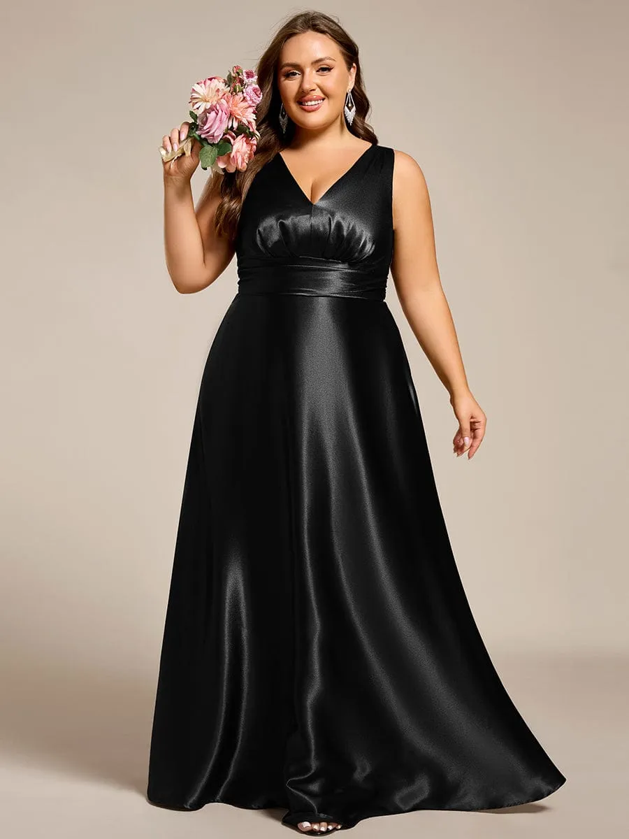 Plus Size Sleeveless Empire Waist Satin Maxi Bridesmaid Dress With Pockets