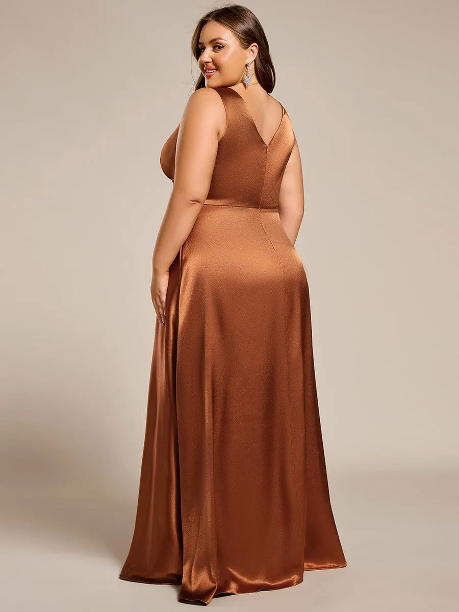 Plus Size Sleeveless Empire Waist Satin Maxi Bridesmaid Dress With Pockets