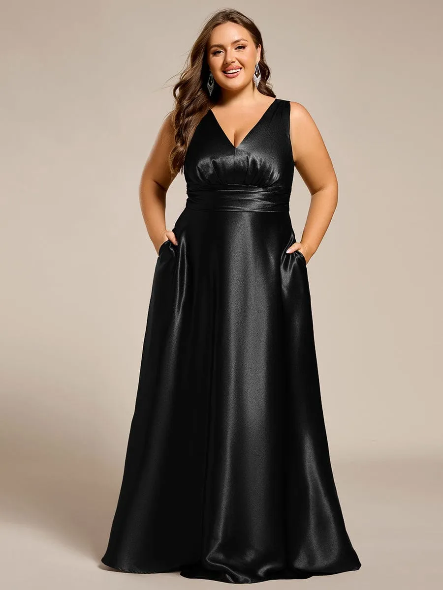 Plus Size Sleeveless Empire Waist Satin Maxi Bridesmaid Dress With Pockets