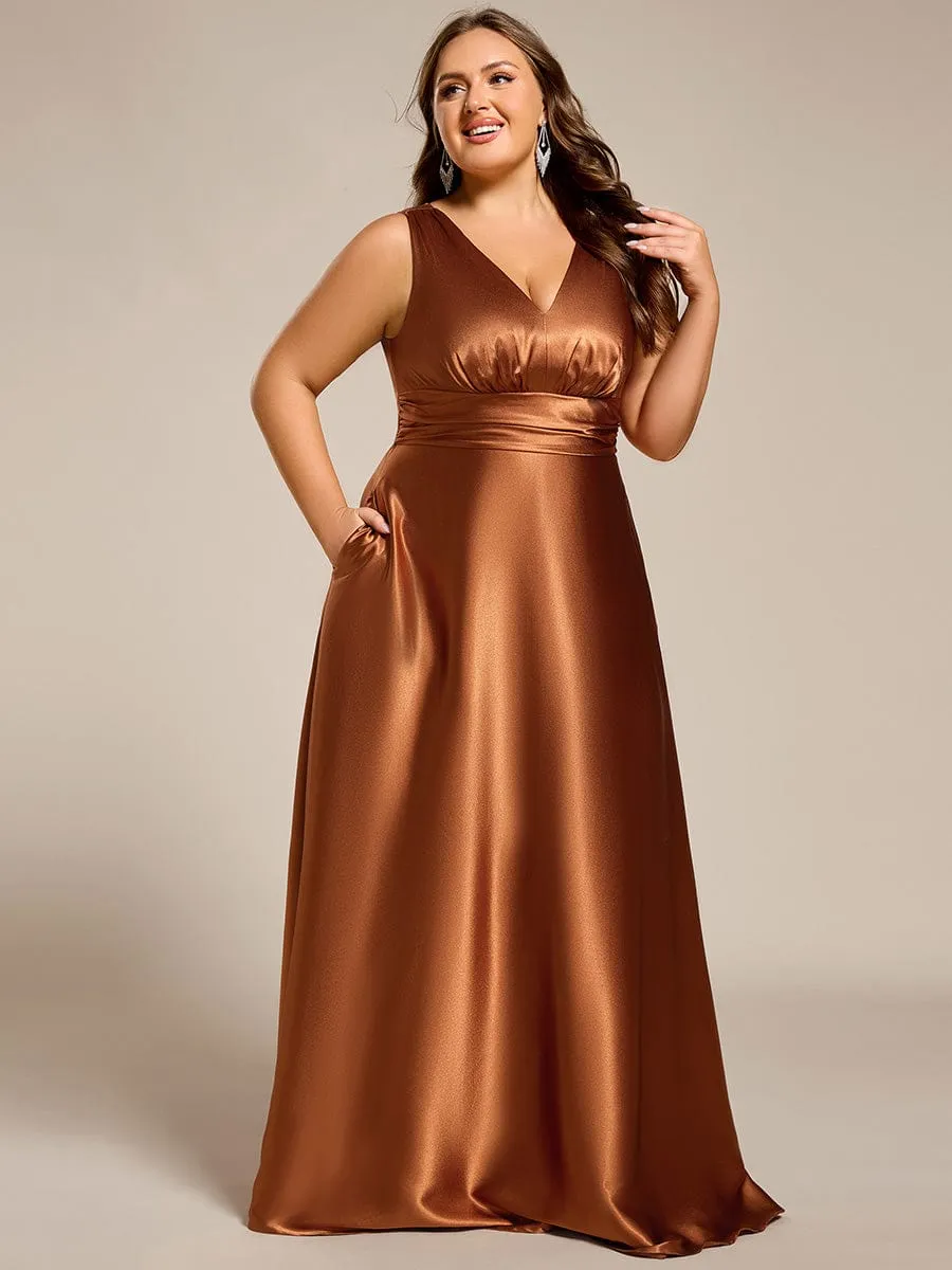Plus Size Sleeveless Empire Waist Satin Maxi Bridesmaid Dress With Pockets