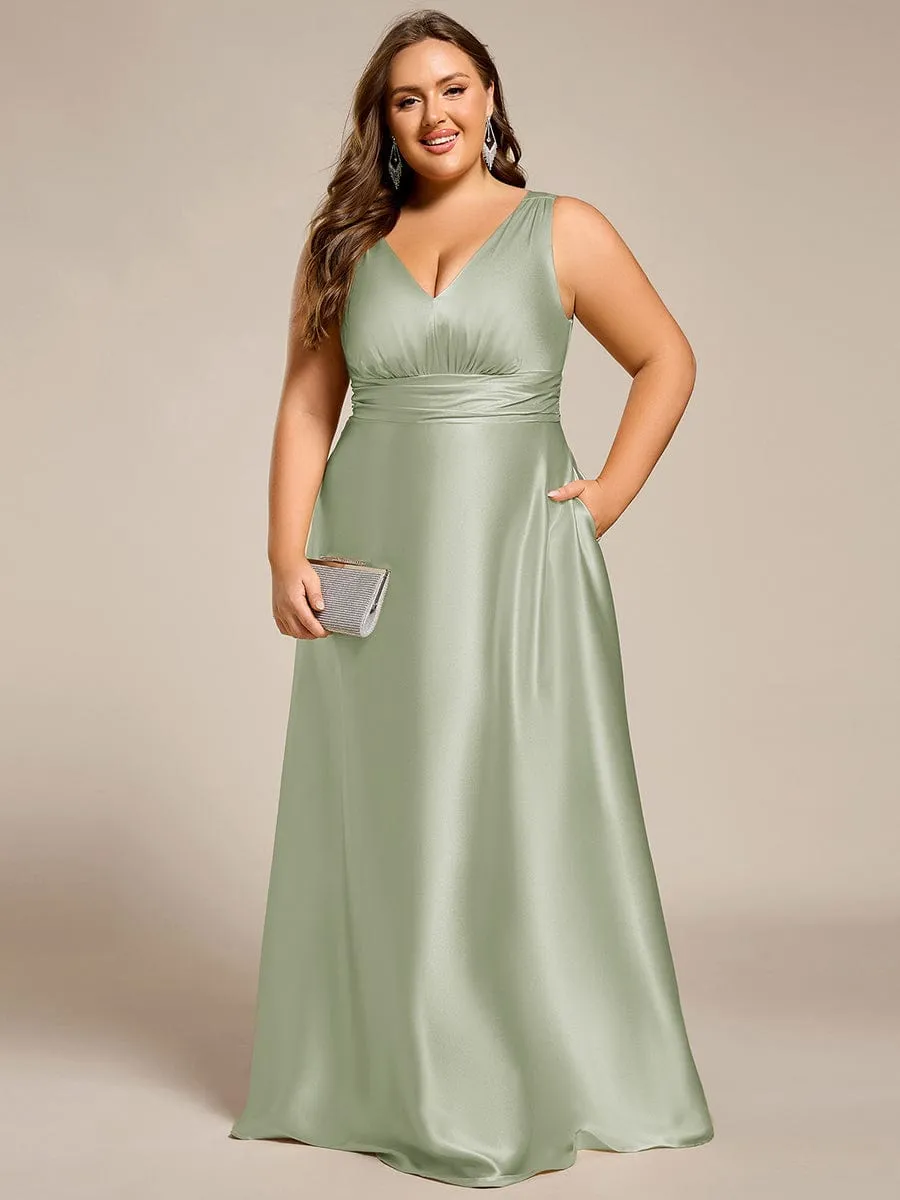 Plus Size Sleeveless Empire Waist Satin Maxi Bridesmaid Dress With Pockets