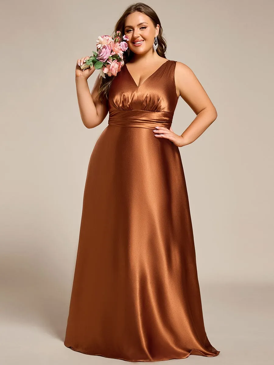 Plus Size Sleeveless Empire Waist Satin Maxi Bridesmaid Dress With Pockets