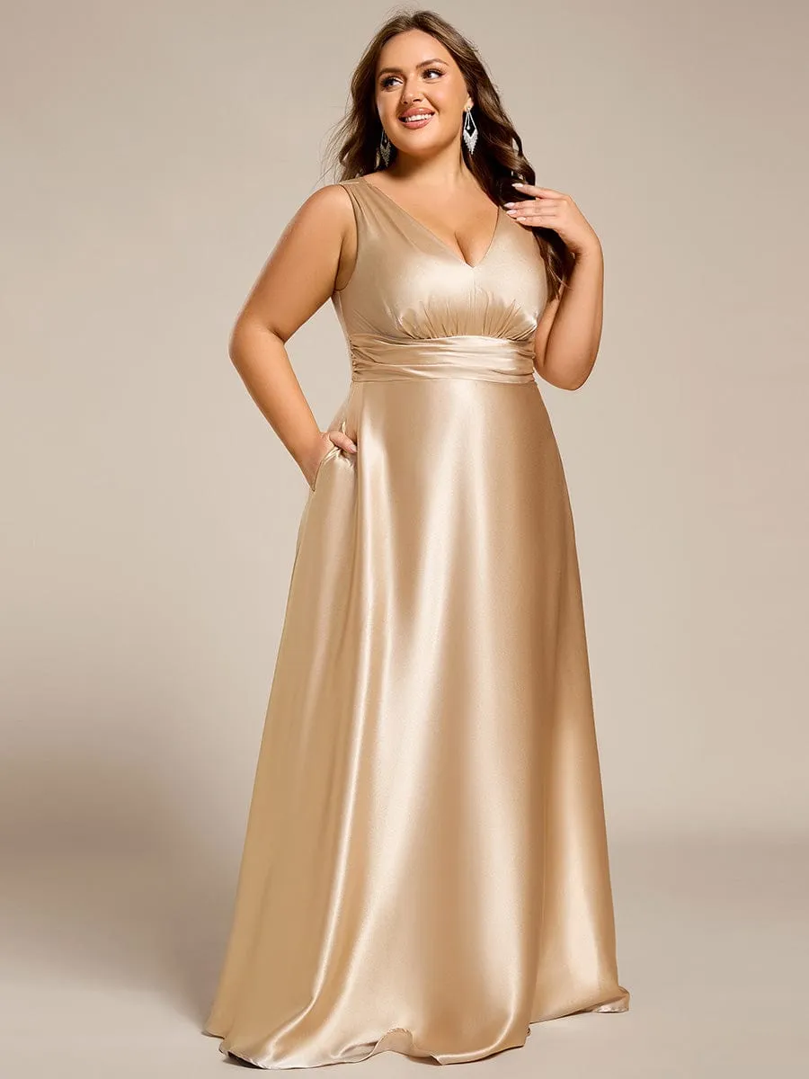 Plus Size Sleeveless Empire Waist Satin Maxi Bridesmaid Dress With Pockets