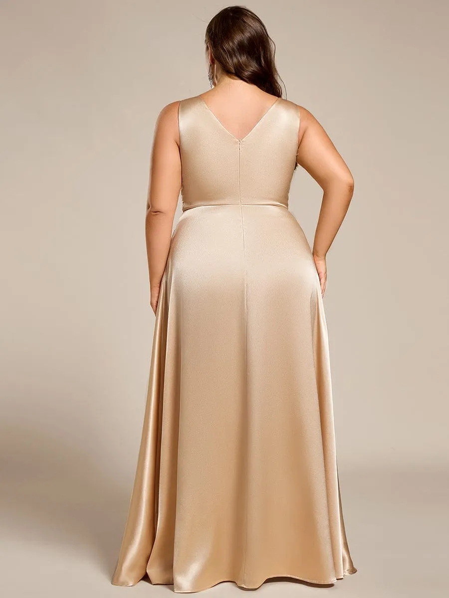 Plus Size Sleeveless Empire Waist Satin Maxi Bridesmaid Dress With Pockets