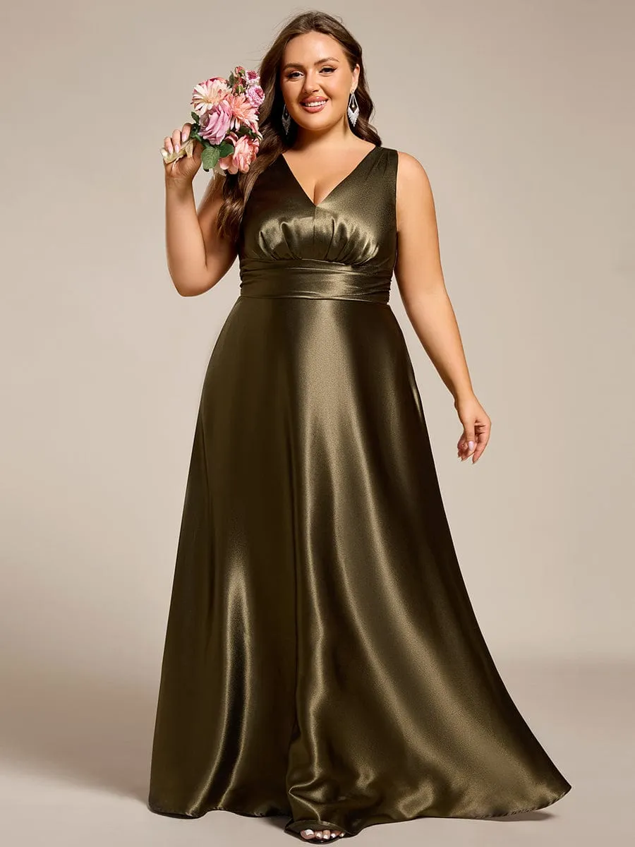 Plus Size Sleeveless Empire Waist Satin Maxi Bridesmaid Dress With Pockets