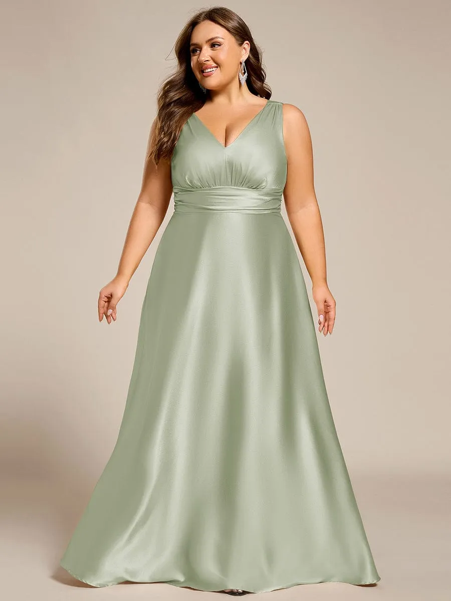 Plus Size Sleeveless Empire Waist Satin Maxi Bridesmaid Dress With Pockets