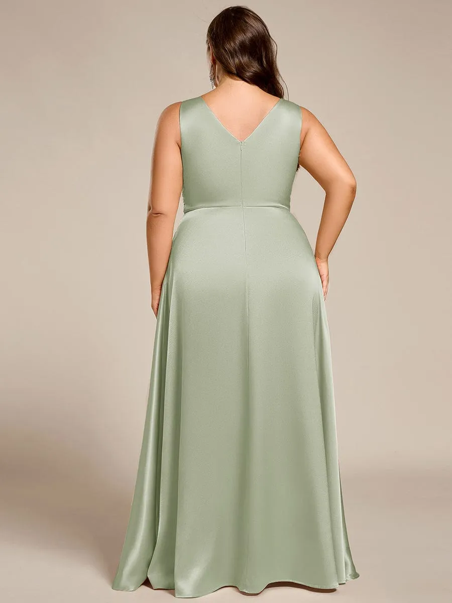 Plus Size Sleeveless Empire Waist Satin Maxi Bridesmaid Dress With Pockets