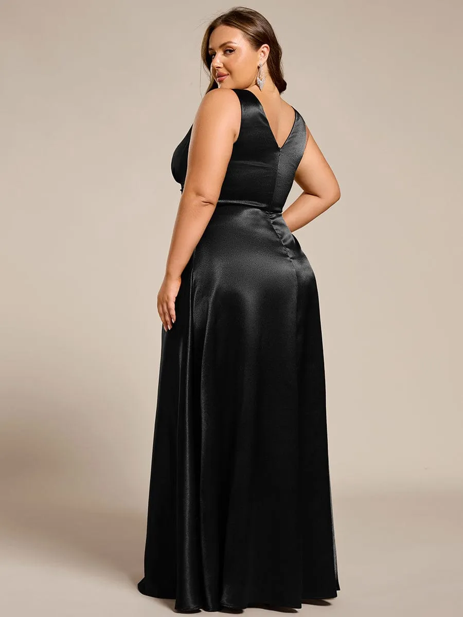 Plus Size Sleeveless Empire Waist Satin Maxi Bridesmaid Dress With Pockets