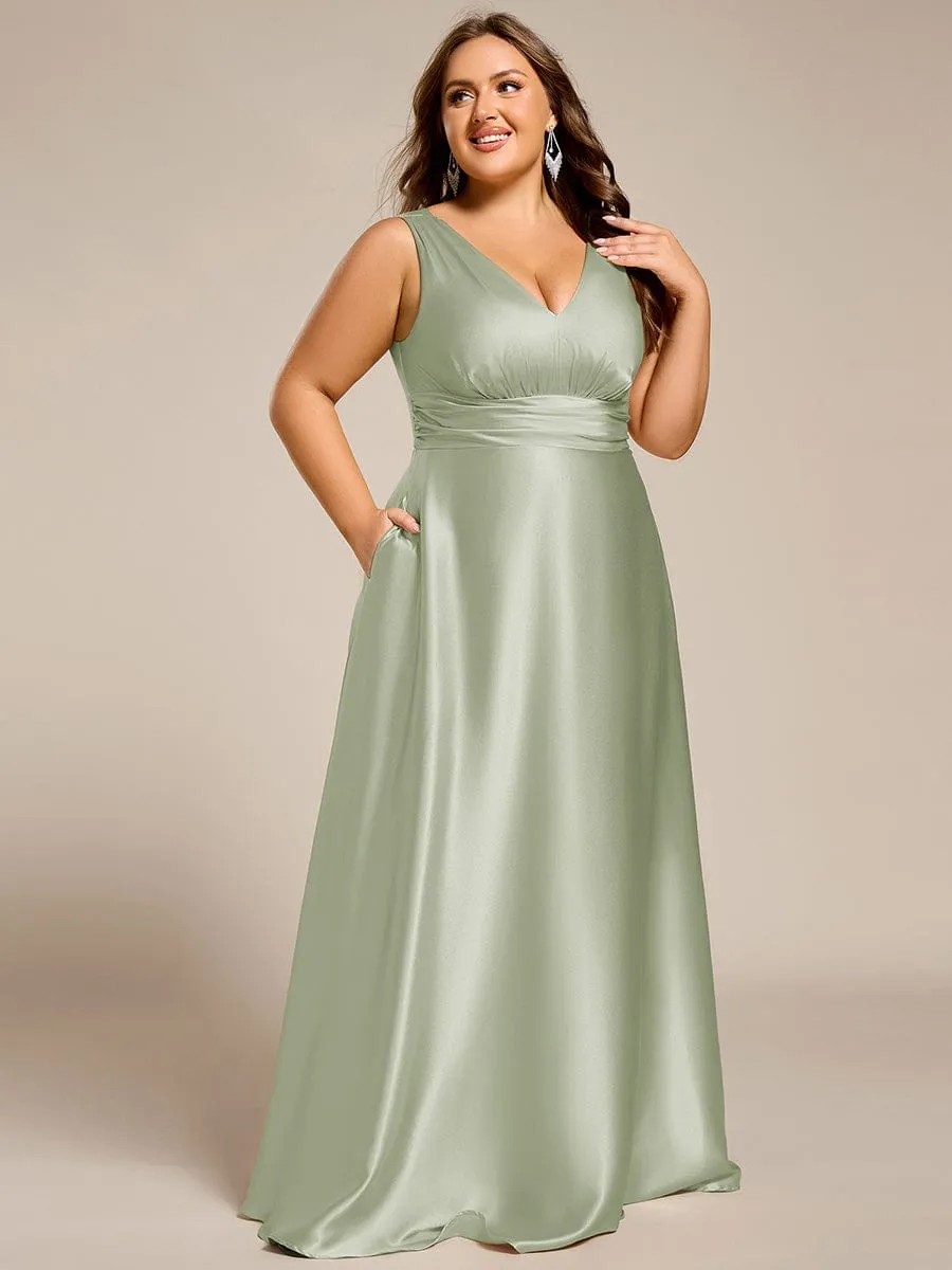 Plus Size Sleeveless Empire Waist Satin Maxi Bridesmaid Dress With Pockets