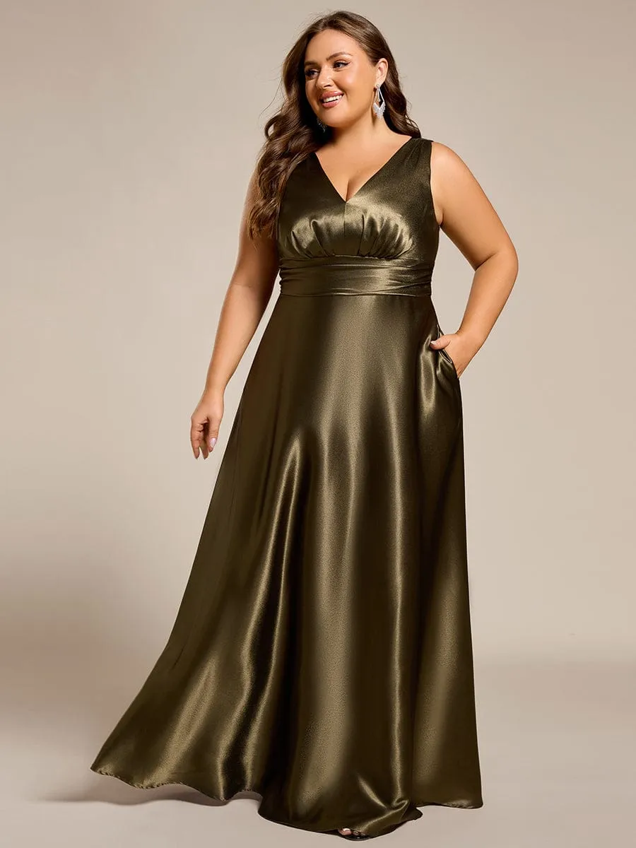 Plus Size Sleeveless Empire Waist Satin Maxi Bridesmaid Dress With Pockets