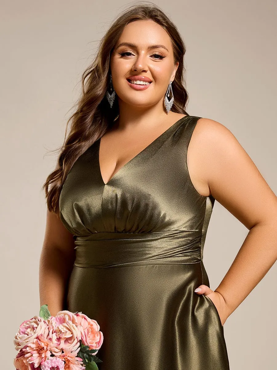 Plus Size Sleeveless Empire Waist Satin Maxi Bridesmaid Dress With Pockets
