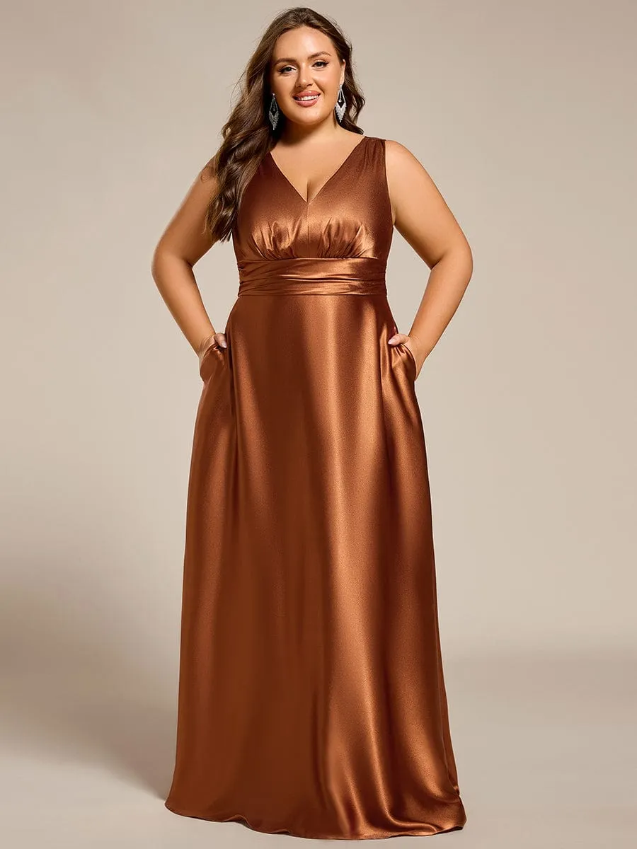 Plus Size Sleeveless Empire Waist Satin Maxi Bridesmaid Dress With Pockets