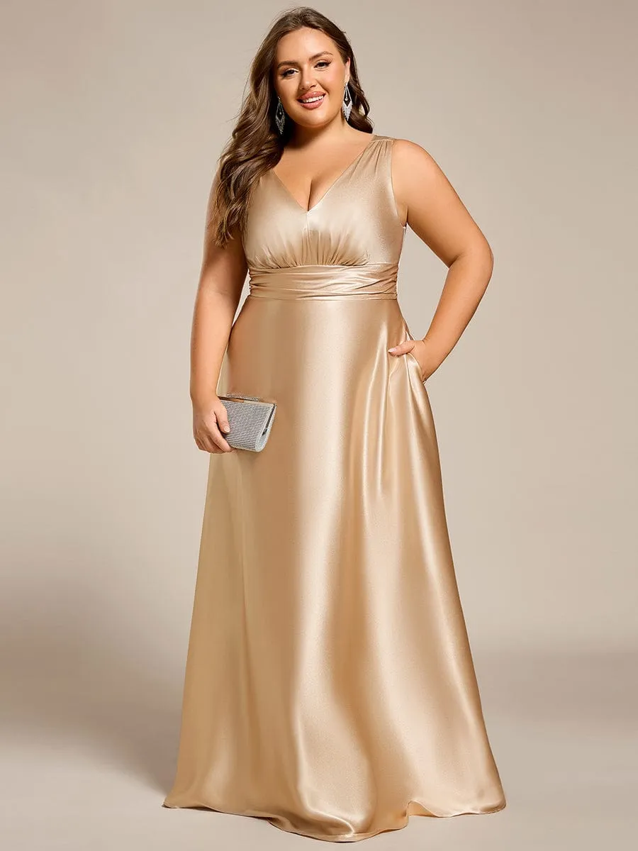 Plus Size Sleeveless Empire Waist Satin Maxi Bridesmaid Dress With Pockets