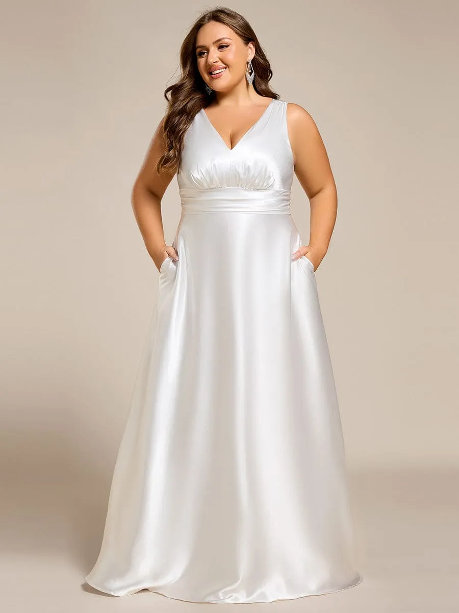 Plus Size Sleeveless Empire Waist Satin Maxi Bridesmaid Dress With Pockets