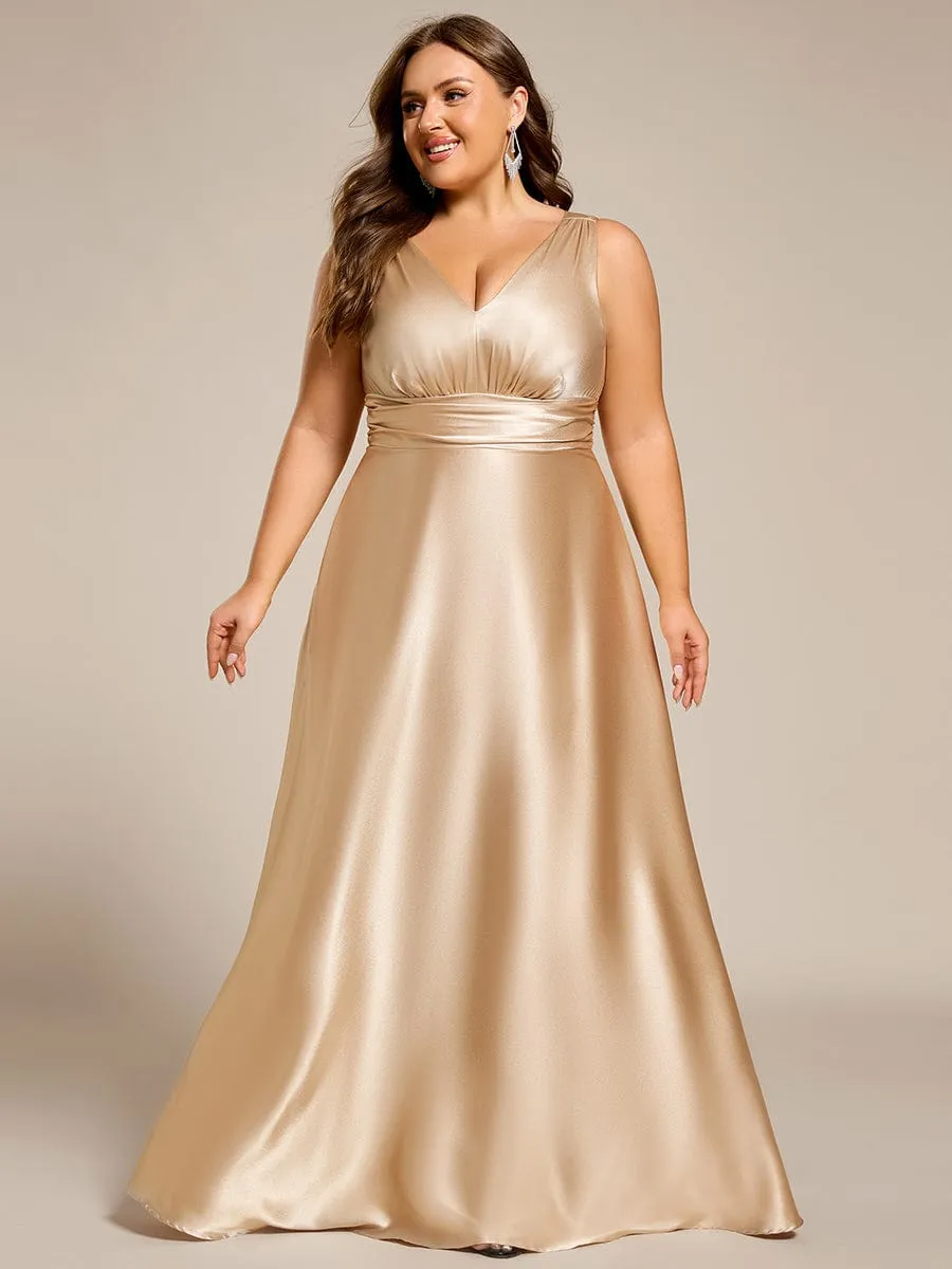 Plus Size Sleeveless Empire Waist Satin Maxi Bridesmaid Dress With Pockets