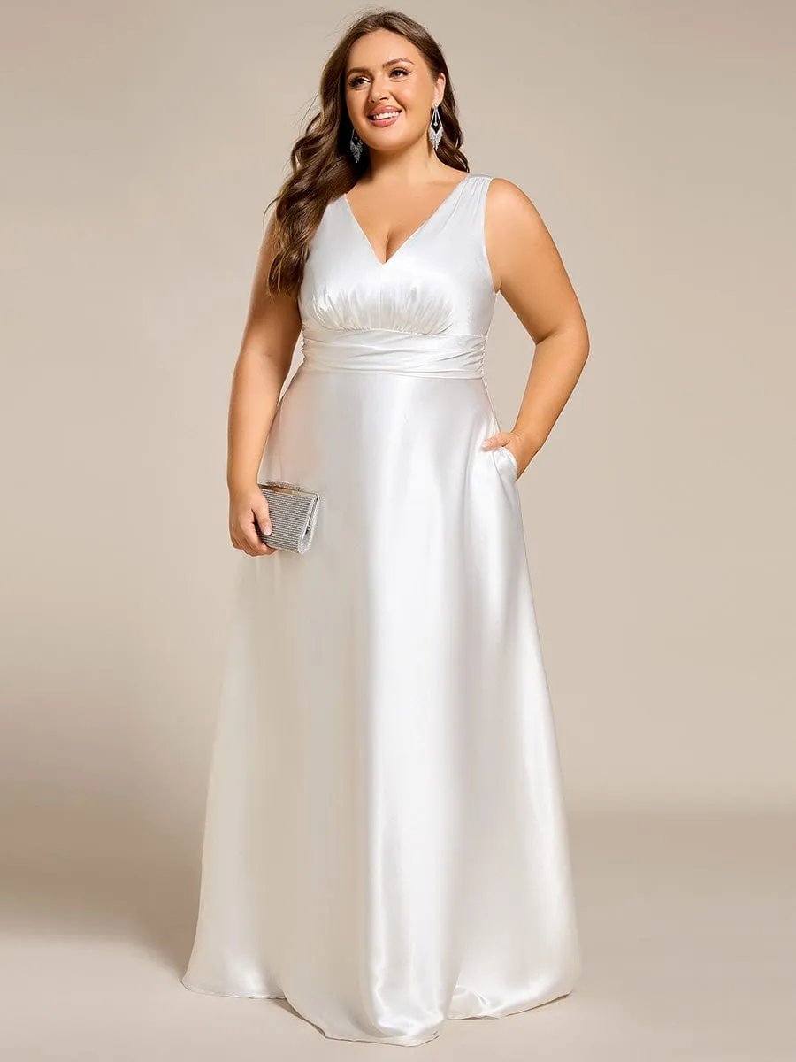 Plus Size Sleeveless Empire Waist Satin Maxi Bridesmaid Dress With Pockets
